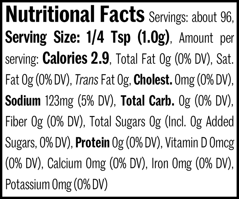 Monosodium Glutamate Flatpack, 3.4oz. Nutrition Label