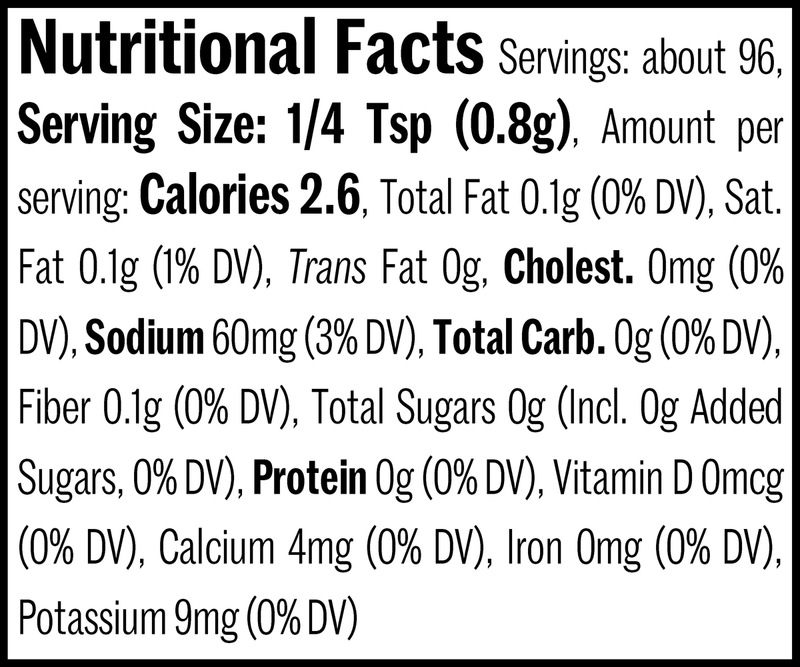 Bridgeport Seasoning Jar, 2.7oz. Nutrition Label