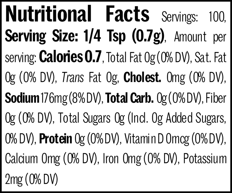 Vulcan's Fire Salt Jar, 2.5oz. Nutrition Label