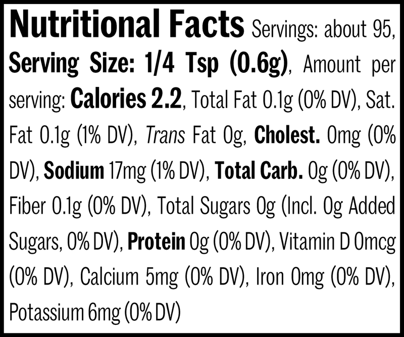 Pizza Seasoning Tavern-Style Topper Flatpack, 2oz. Nutrition Label